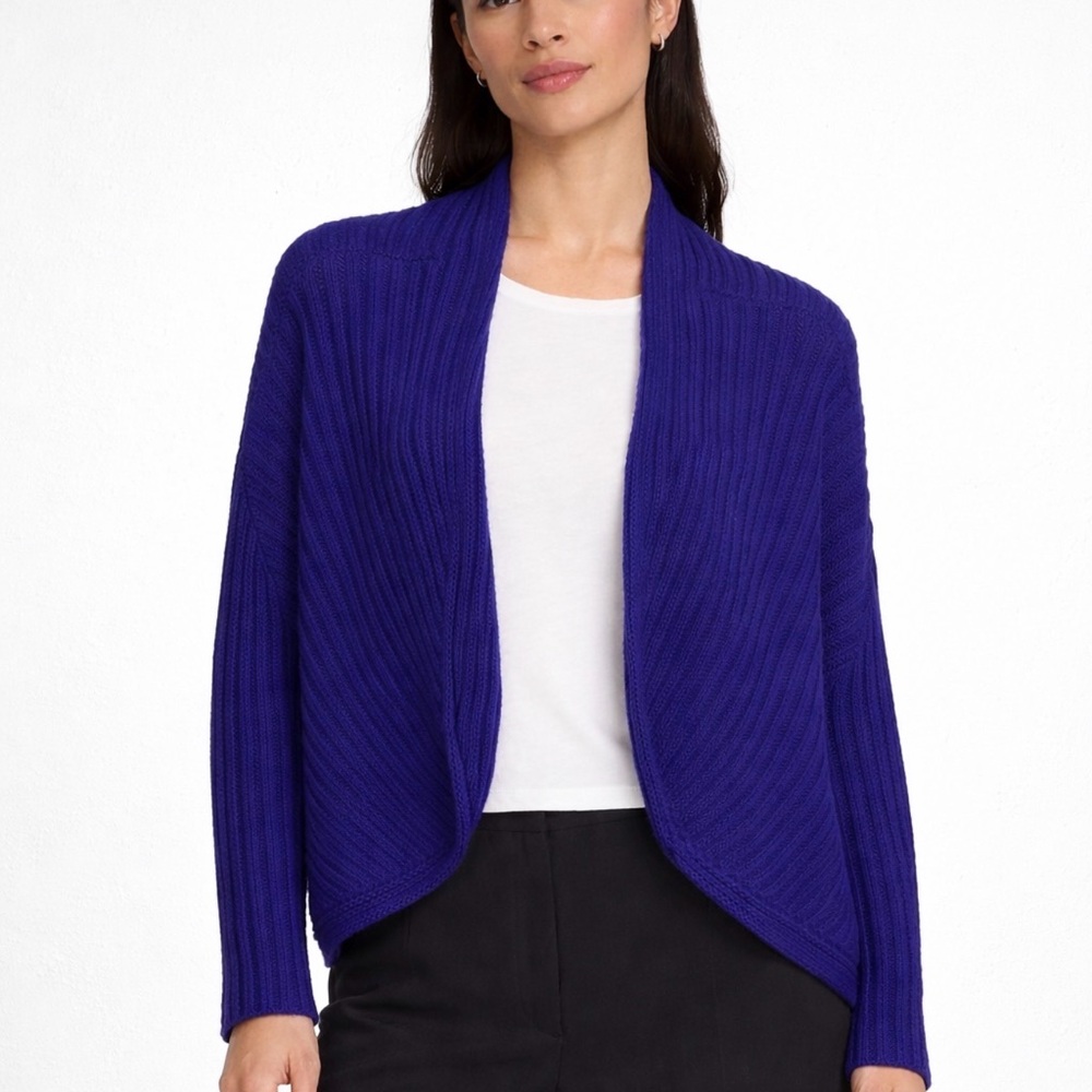 Eileen Fisher Merino Wool Yarn knit Cobalt Blue Open Front Cardigan Sweater SZ L